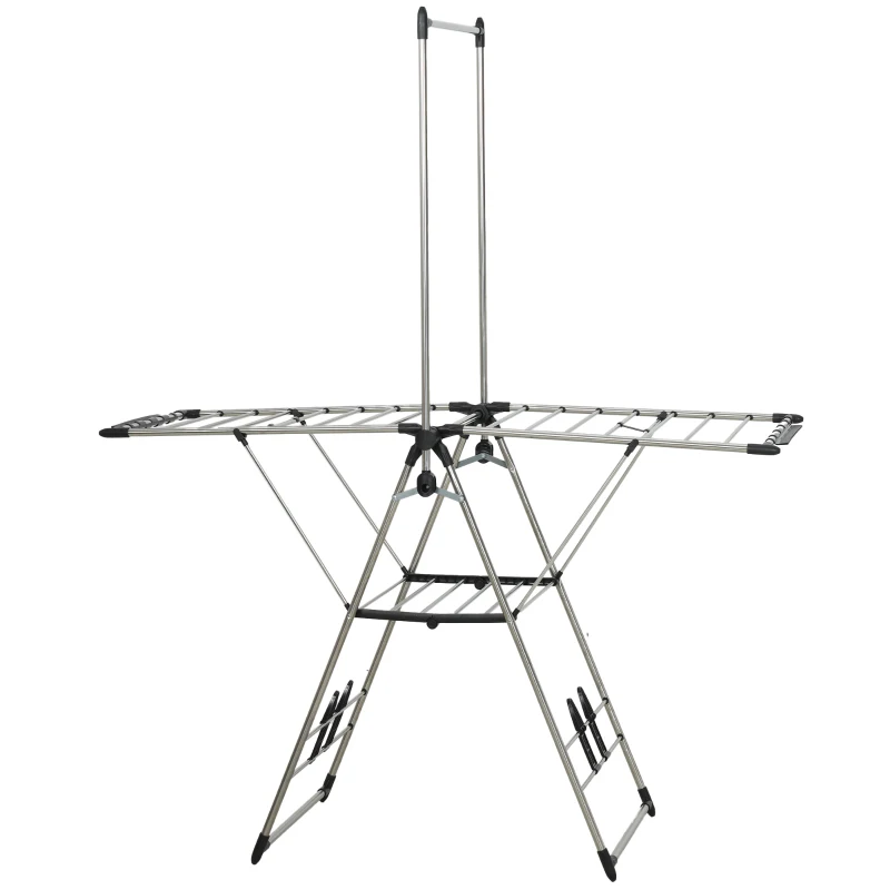 HOMCOM Tendedero plegable de pie con alas ajustables, soportes para zapatos, acero inoxidable, 156,5 x 68 x 192 cm, plateado