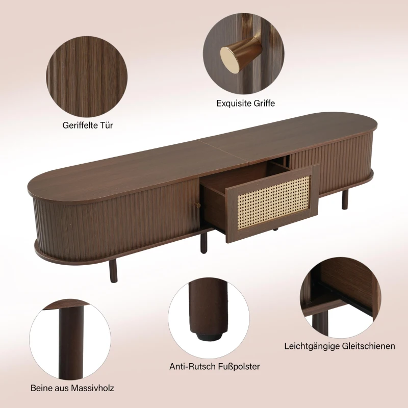 Oval TV Unit with Rattan Drawer and 2 Sliding Doors, Rounded Corner Sideboard,TV Stand Suitable for 70-inch TV, 180L x 40W x 40H cm, Oak