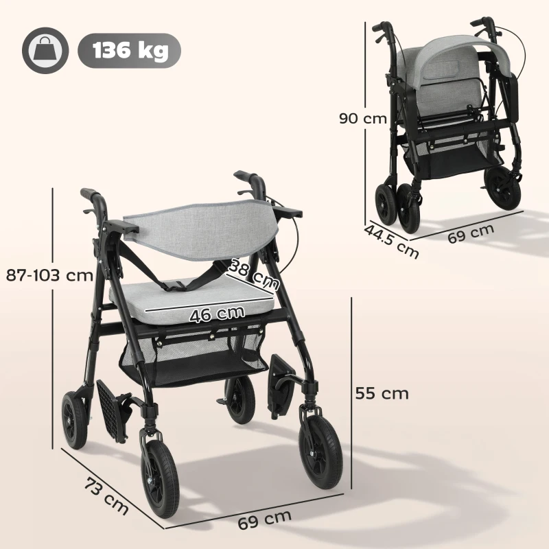HOMCOM Rollator Walker Wheelchair, with Seat - Grey