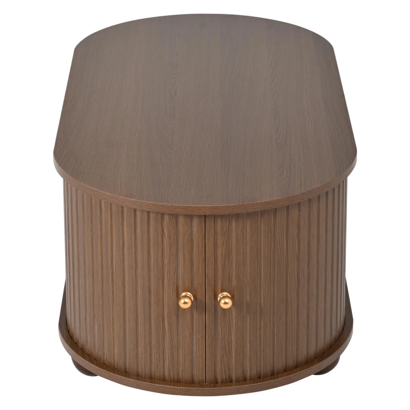 Oval Coffee Table with 2 Sliding Doors, Hidden Centre Compartment, Rounded Corners, Desk with Fingerprint‑resistant MDF, 100L x 50W x 40H cm, Oak