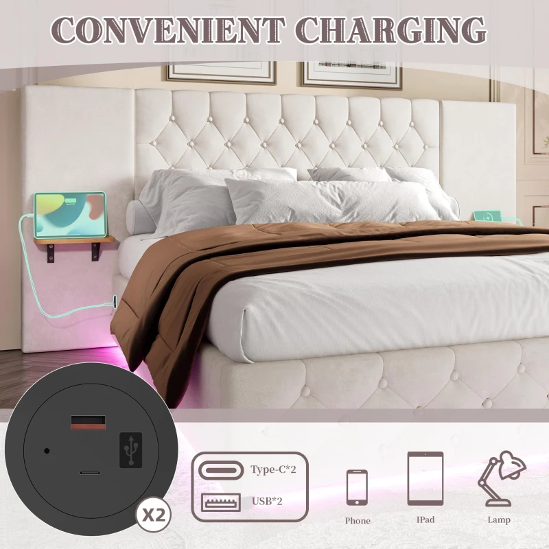 Modern Bed Frame with Wide Button-Tufted Headboard, Integrated LED Lighting, Bed Base with USB-C Ports, 209L x 221W x 103H cm, Beige