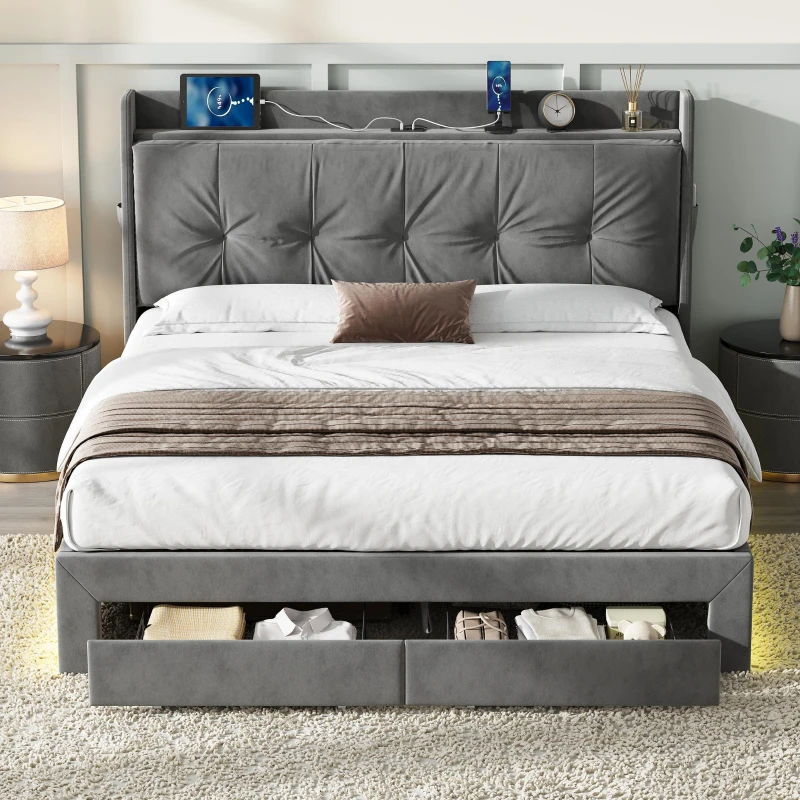 5ft King Ottoman Bed Frame with Two Drawers and Side Pockets, Velvet Upholstered Headboard for Living Room, 213L x 155W x 111H cm, Grey