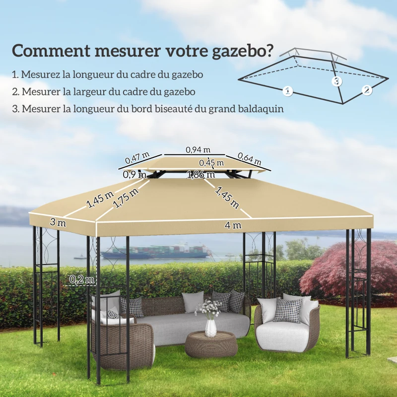 Outsunny Toile de rechange pour pavillon tonnelle tente 3 x 4 m polyester haute densité 180 g/m² beige