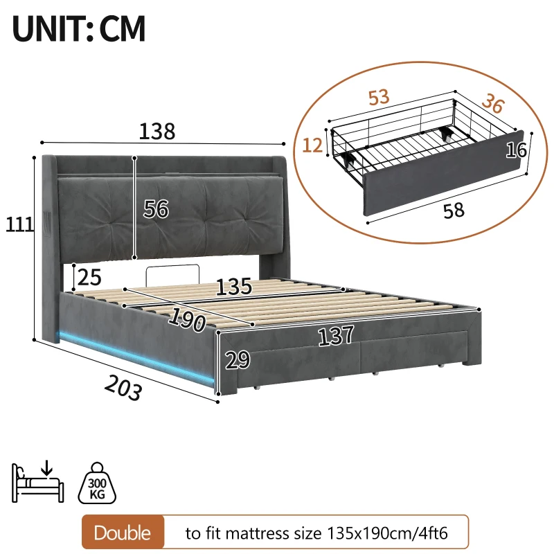Double Ottoman Upholstered Bed Frame with Hydraulic Storage, 2 Drawers, Side Pockets, Headboard for Living Room, 203L x 138W x 111H cm, Grey