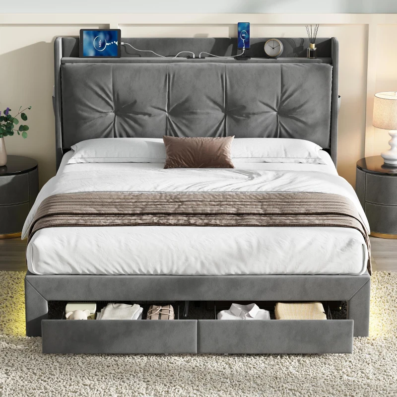 Double Ottoman Upholstered Bed Frame with Hydraulic Storage, 2 Drawers, Side Pockets, Headboard for Living Room, 203L x 138W x 111H cm, Grey