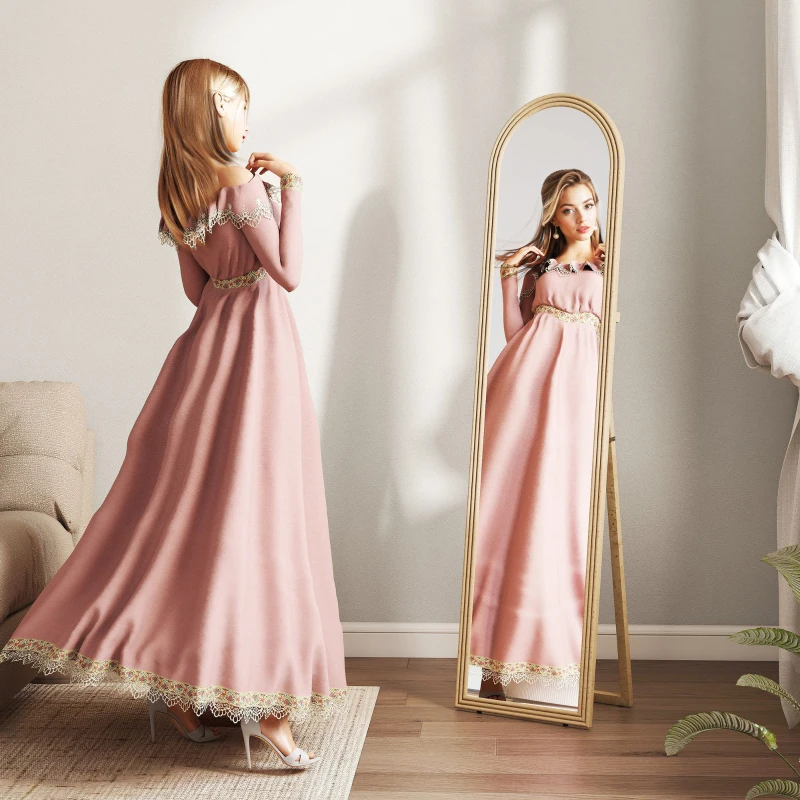 HOMCOM Miroir de sol arqué pleine longueur miroir sur pied cadre en effet imitation pierre pour salon chambre 40 x 160 cm beige