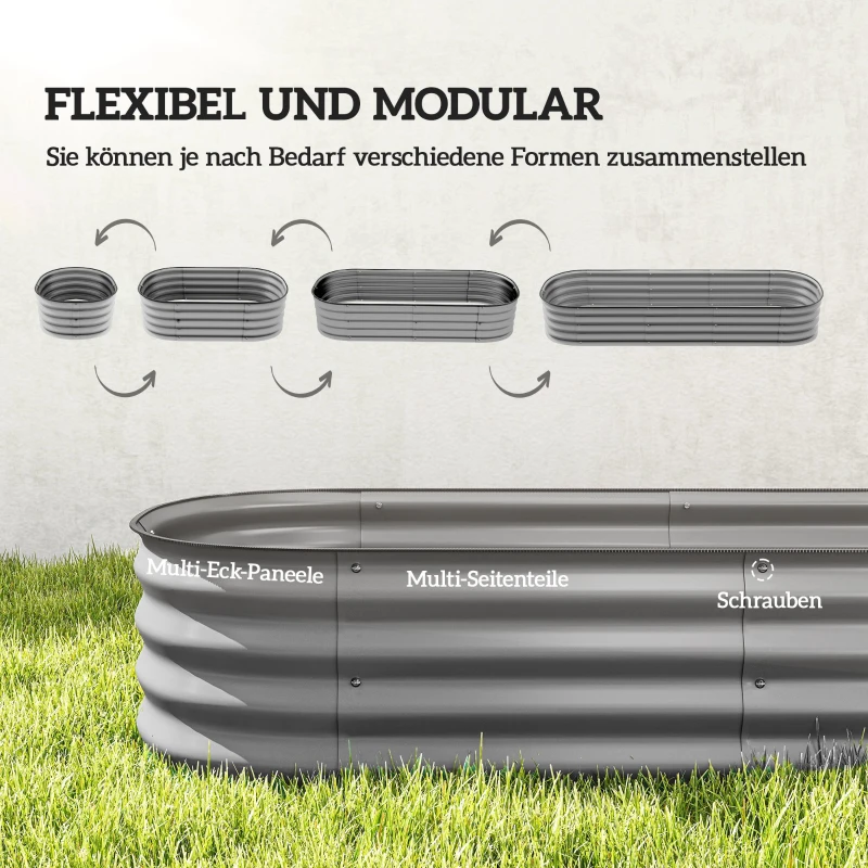 Outsunny Houten plantenbak, modulair verhoogd bed, beschermde randen, bodemloos ontwerp, 195 x 62 x 30 cm, zilver