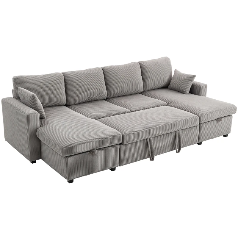 HOMCOM Canapea Extensibilă Modernă în Formă de U și Spații de Depozitare, Catifea Reiată, 282x140x86 cm, Gri