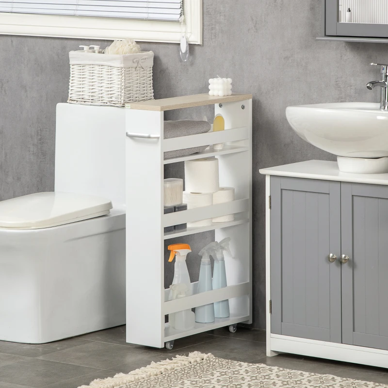 kleankin Chariot de rangement à 3 niveaux chariot de stockage étagère sur roulettes pour cuisine étroite salle de bain buanderie bureau avec poignée - 48 x 15 x 80 cm blanc