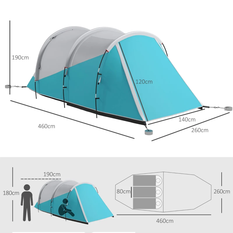 Outsunny Tente de camping familiale 3 personnes, tente tunnel imperméable, 2 portes fenêtres, ventilée 4,6 x 2,6 x 1,9 m, bleu