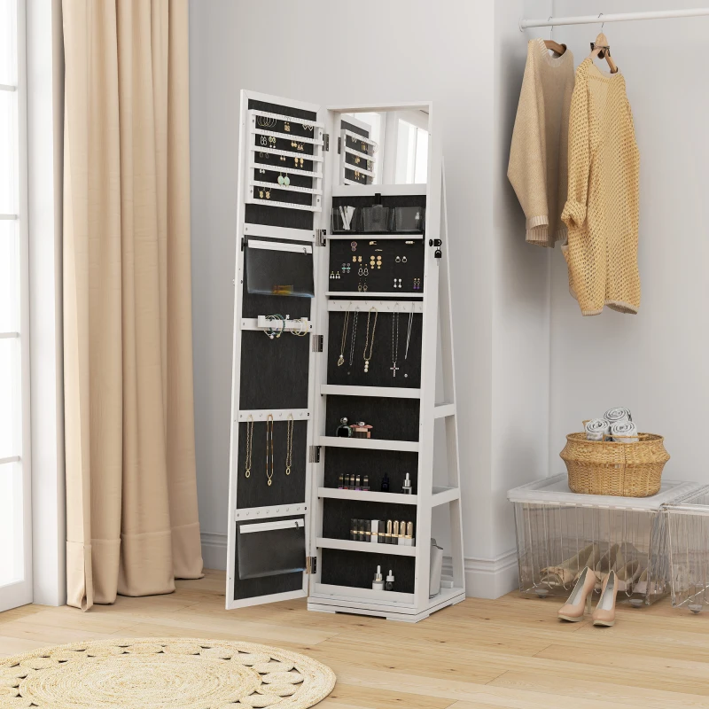 HOMCOM Armoire à Bijoux pivotante verrouillable boîte à bijoux avec Miroir - Armoire Bijoux Multi-Rangement - en Bois Blanc