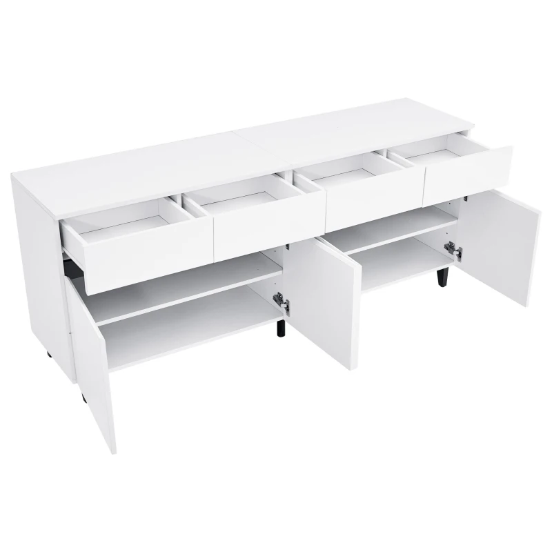 Storage Cabinet with High-goss 4-Door, 4-Drawer and Soft-close Hinges, Sideboard with Adjustable Shelves, 160L x 40W x 68H cm, White