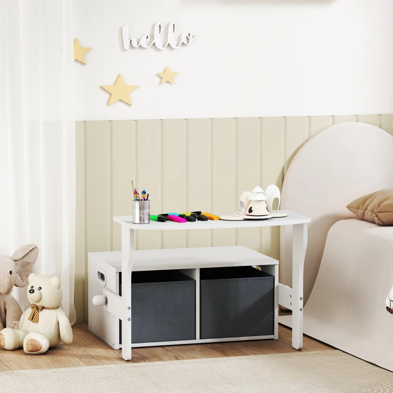AIYAPLAY Coffre à jouet enfant 3 en 1, ensemble table et chaises avec 2 bacs en tissu amovibles, 67,5 x 46,5 x 56,7 cm, blanc