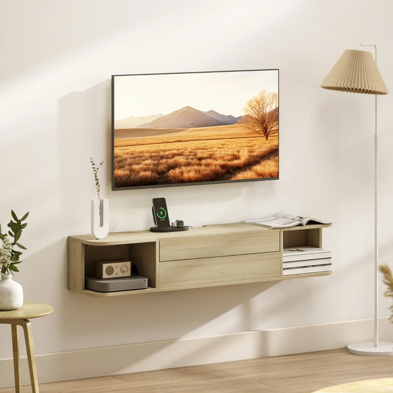 HOMCOM Meuble TV suspendu meuble télé pour téléviseur 50 pouces tiroir étagères passe-câbles 120x24x22,4cm effet bois naturel