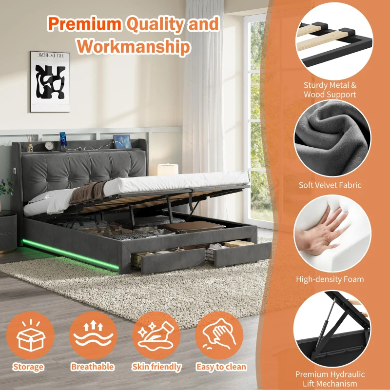 5ft King Ottoman Bed Frame with Two Drawers and Side Pockets, Velvet Upholstered Headboard for Living Room, 213L x 155W x 111H cm, Grey