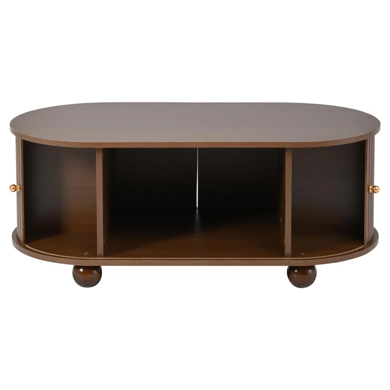 Oval Coffee Table with 2 Sliding Doors, Hidden Centre Compartment, Rounded Corners, Desk with Fingerprint‑resistant MDF, 100L x 50W x 40H cm, Oak