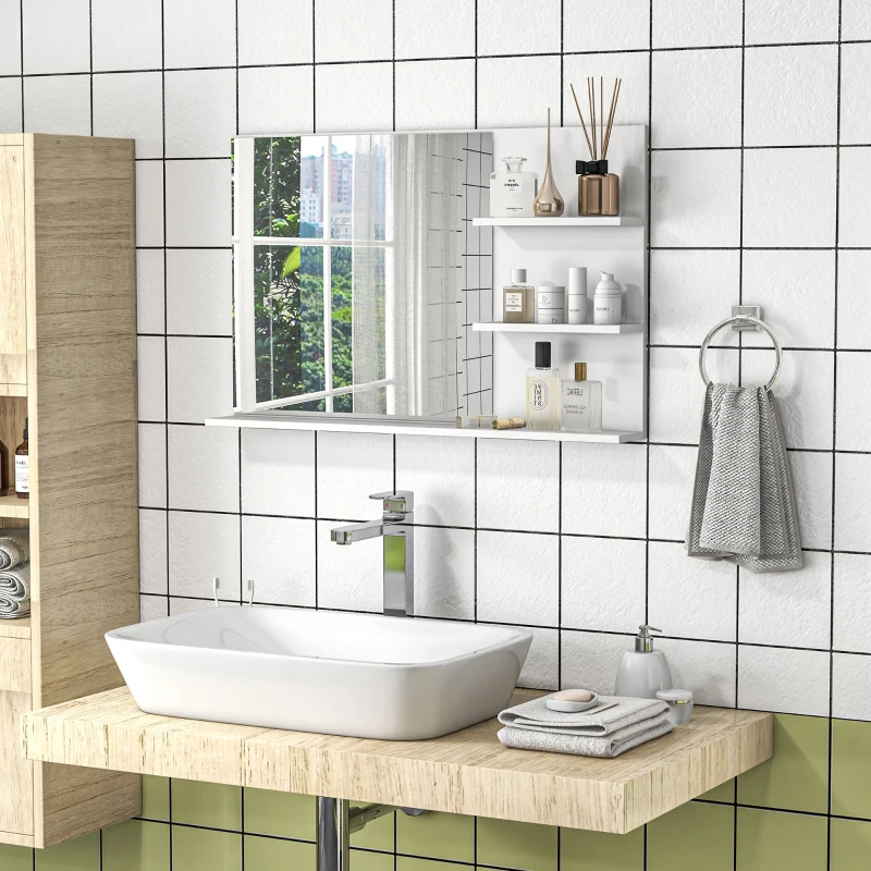 kleankin Specchio da Bagno a Parete con 2 Ripiani Laterali e Ripiano Inferiore, in MDF e Vetro con verniciata, 75x10x48 cm, Bianco | Aosom Italy