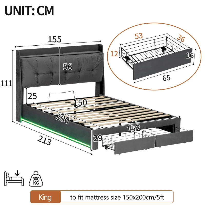 5ft King Ottoman Bed Frame with Two Drawers and Side Pockets, Velvet Upholstered Headboard for Living Room, 213L x 155W x 111H cm, Grey
