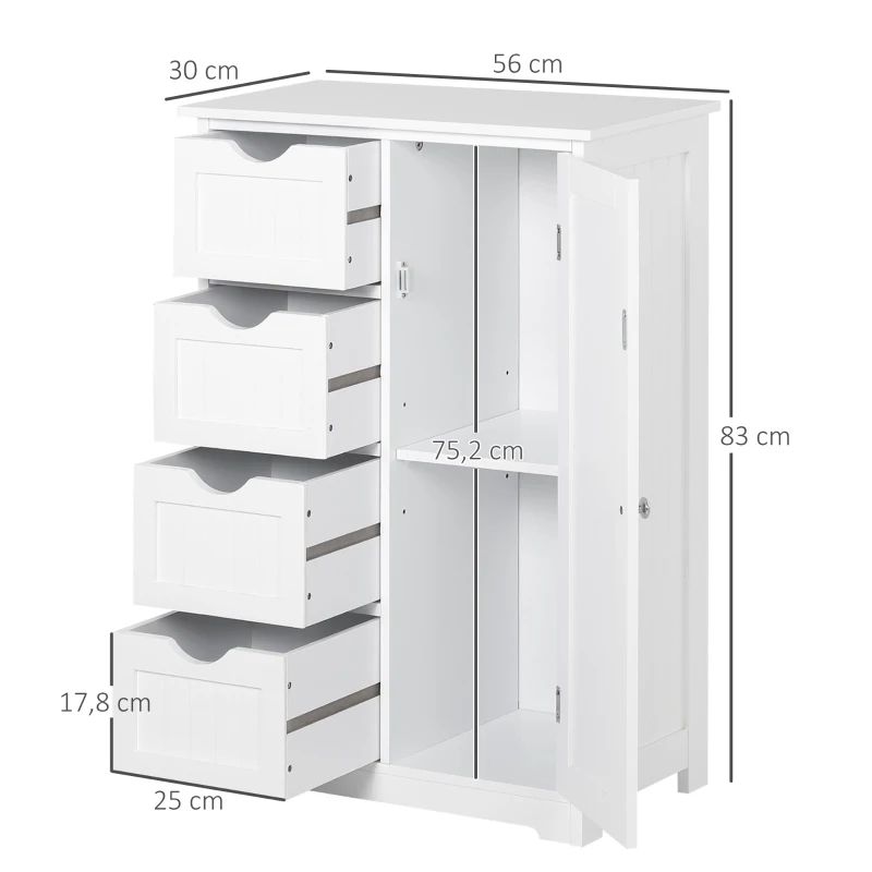 kleankin Armario Auxiliar de Baño Mueble para Baño con Puerta 4 Cajones y Estante Ajustable para Cocina Salón 56x30x83 cm Blanco
