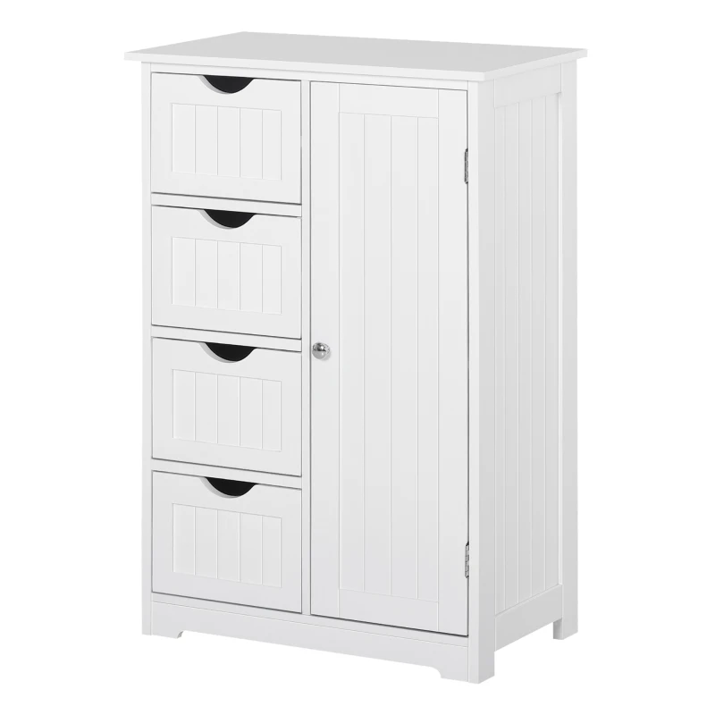 kleankin Armario Auxiliar de Baño Mueble para Baño con Puerta 4 Cajones y Estante Ajustable para Cocina Salón 56x30x83 cm Blanco