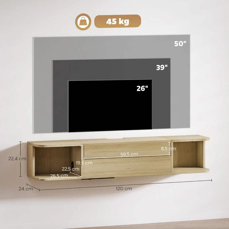 HOMCOM Meuble TV suspendu meuble télé pour téléviseur 50 pouces tiroir étagères passe-câbles 120x24x22,4cm effet bois naturel