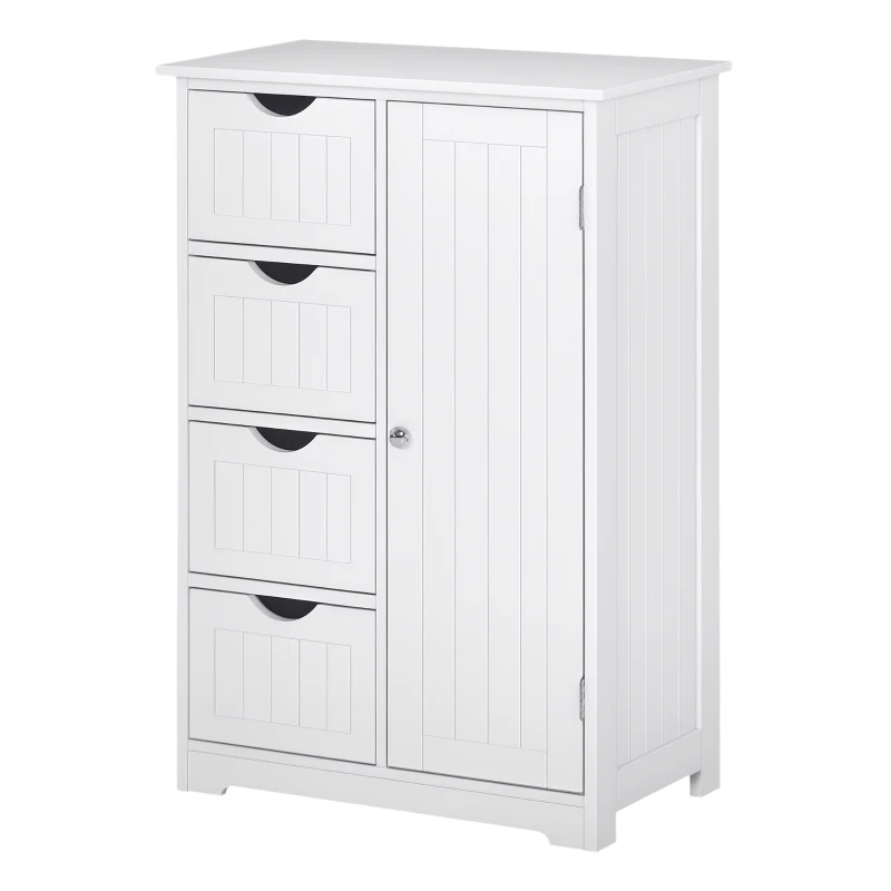 kleankin Armario Auxiliar de Baño Mueble para Baño con Puerta 4 Cajones y Estante Ajustable para Cocina Salón 56x30x83 cm Blanco