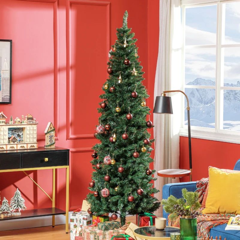 HOMCOM Sapin de Noël Artificiel 210 cm Arbre de Noël Slim avec support en acier pliable, 687 branches épines Vert