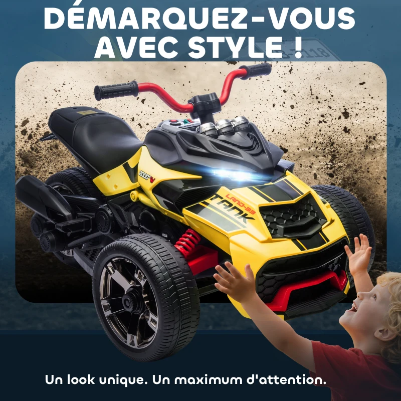 AIYAPLAY Quad électrique enfants voiture électrique enfants 12V 3 roues 2 moteurs lecteur MP3, klaxon, 2 vitesses 3-5 km/h jaune