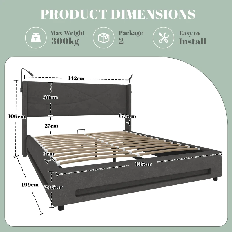 Modern Storage Bed Frame with Integrated Reading Lamps, Bed Base with USB and Type-C Charging Ports, 199L x 142W x 106H cm, Dark Gray