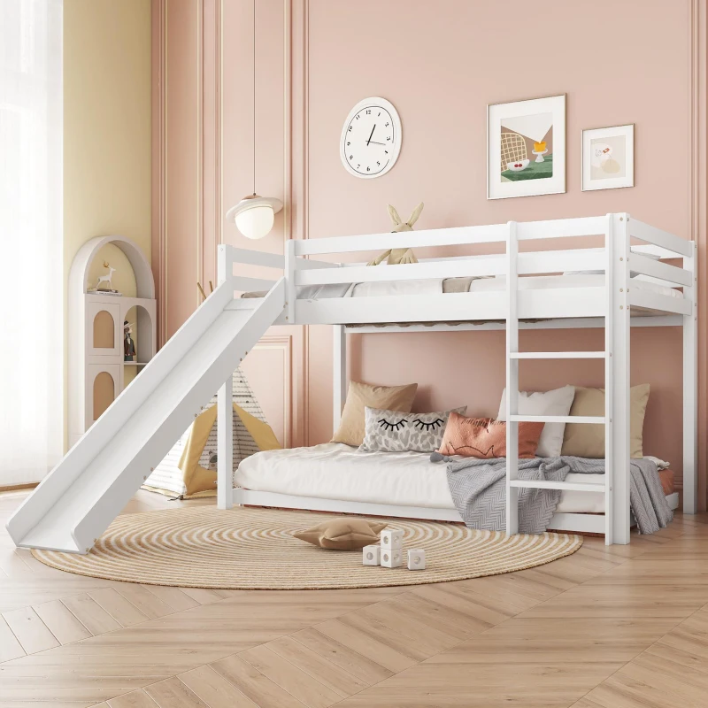 Children's Cabin Bunk Bed with Slide and Ladder, Space-Saving Customisable Layout, Adjustable Tier for Living Room, 207L x 215W x 110H cm, White