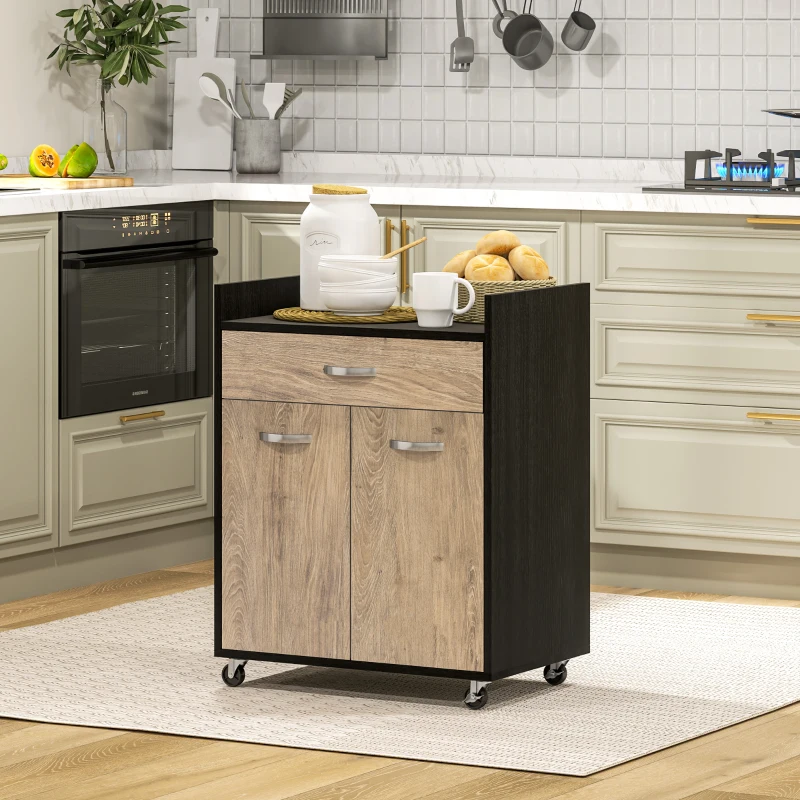 HOMCOM Chariot de service desserte de cuisine à roulettes tiroir placard 2 portes étagère en bois gris effet bois, noir