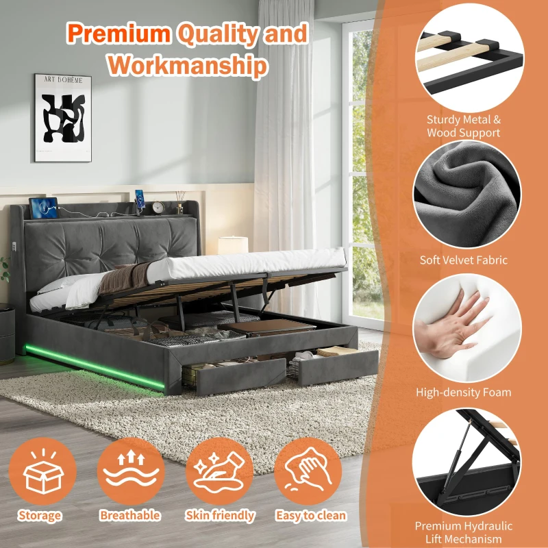 Double Ottoman Upholstered Bed Frame with Hydraulic Storage, 2 Drawers, Side Pockets, Headboard for Living Room, 203L x 138W x 111H cm, Grey