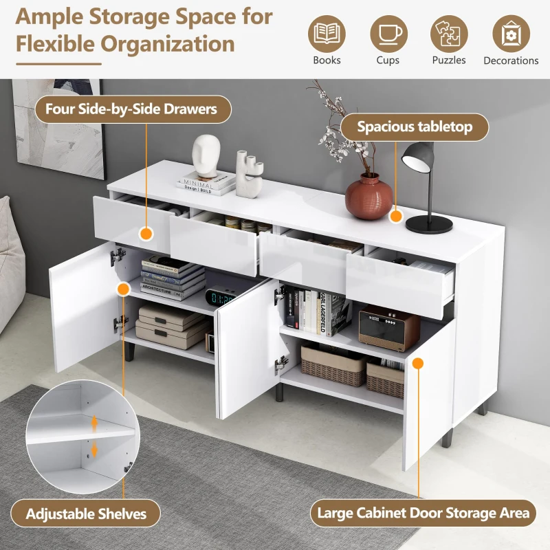 Storage Cabinet with High-goss 4-Door, 4-Drawer and Soft-close Hinges, Sideboard with Adjustable Shelves, 160L x 40W x 68H cm, White