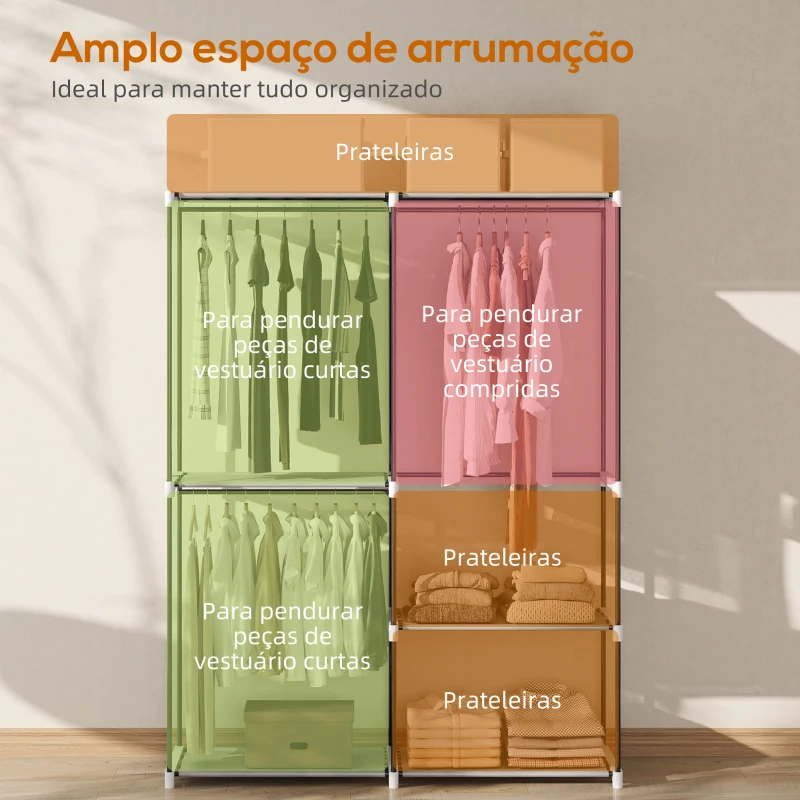 HOMCOM Armário de Roupa Aberto 142x43x185 cm Armário para Roupas com 4 Prateleiras de Tecido 3 Barras para Pendurar Cinzento