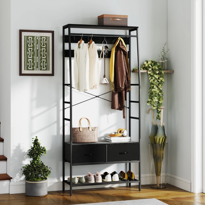 HOMCOM Portant à vêtements industriel avec 2 tiroirs en tissu, étagère, 8 crochets et cadre en acier, 80 x 30 x 180,5 cm, noir