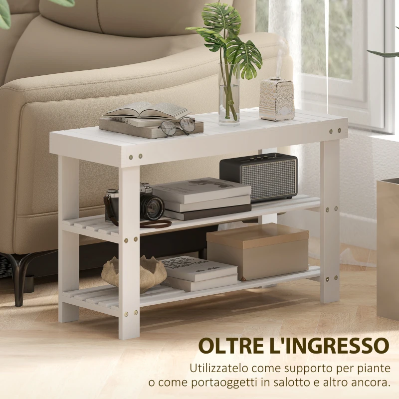 HOMCOM Panca Scarpiera Bassa in Bambù con 2 Ripiani a Doghe e Seduta, 70x28x45 cm, Bianco