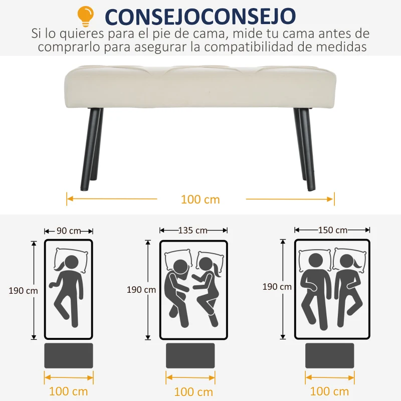HOMCOM Taburete Pie de Cama Multifuncional con Pies de Acero y Asiento Acolchado para Entrada Pasillo 100x36x45 cm Blanco Crema