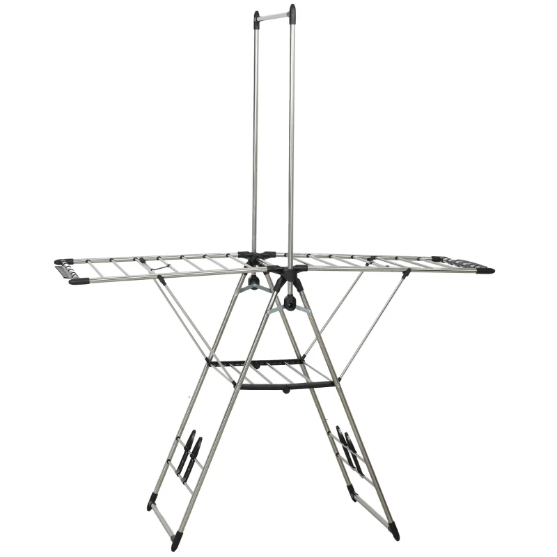 HOMCOM Étendoir pliable séchoir sur pied avec ailes réglables, porte-chaussures, acier inoxydable, 156,5 x 68 x 192 cm, argent