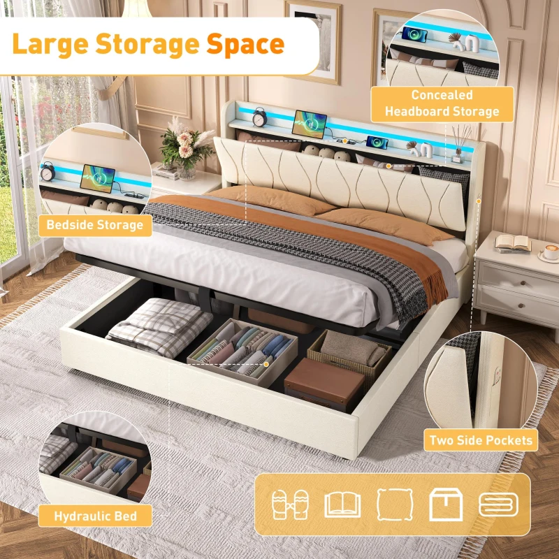 5ft King Upholstered Bed Frame with Hydraulic Storage and Charging Station, RGB LED Bed Base for Living Room, 220L x 155W x 105H cm, Beige