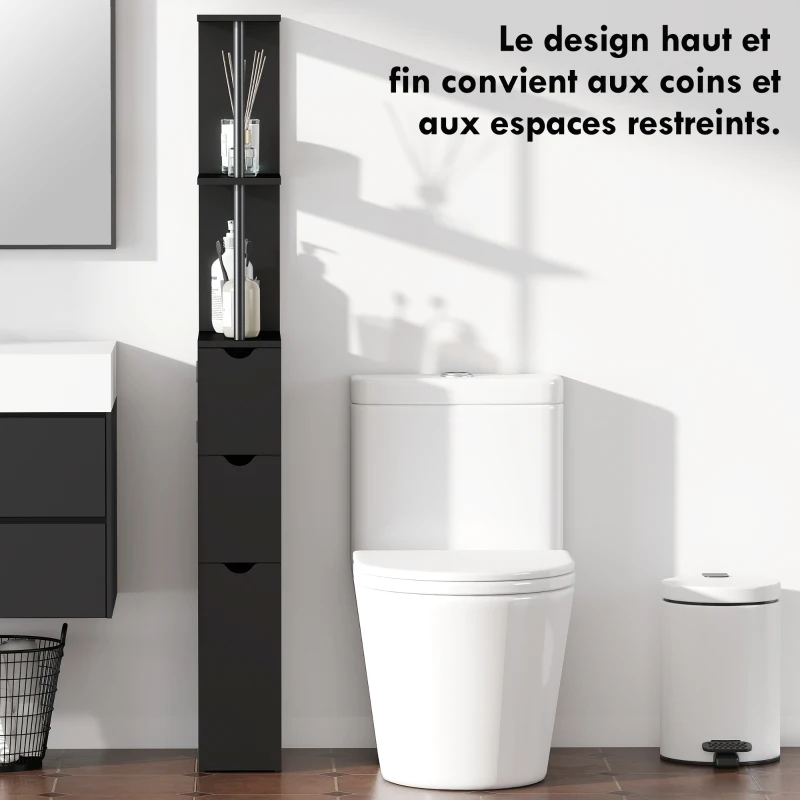 HOMCOM Meuble colonne salle de bain armoire de salle de bain avec tiroirs étagères ouvertes placard 15 x 33 x 136 cm noir