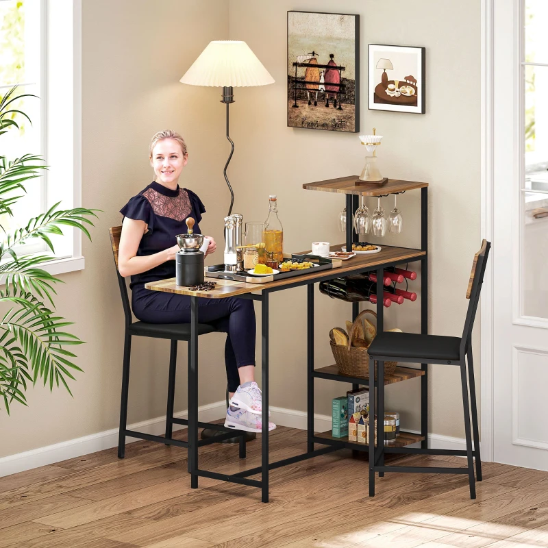 HOMCOM 3-delige Bartafelset, 1 Bartafel, 2 Stoelen, met Wijnrek, Glazenhouder, Open Planken, Voetensteunen, Bruin(m-12)