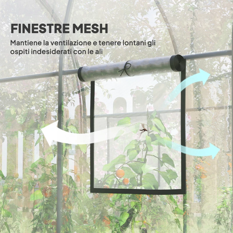 Outsunny Serra a Tunnel 3x2x2m con Porta Avvolgibile e Finestre a Rete in Acciaio e Plastica, Trasparente