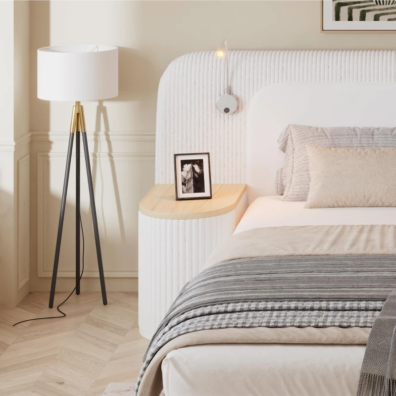 Upholstered 4ft6 Double Bed with Built‑in Bedside Reading Light, Matching Bedside Table, Sleeper for Living Room, 205L x 91W x 200.5H cm, Beige