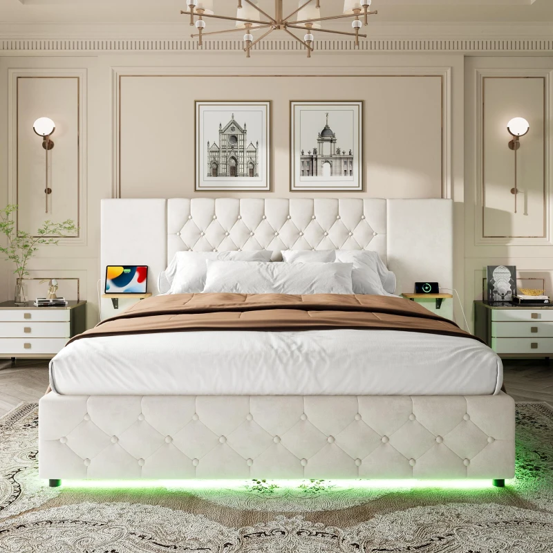 Modern Bed Frame with Wide Button-Tufted Headboard, Integrated LED Lighting, Bed Base with USB-C Ports, 209L x 221W x 103H cm, Beige