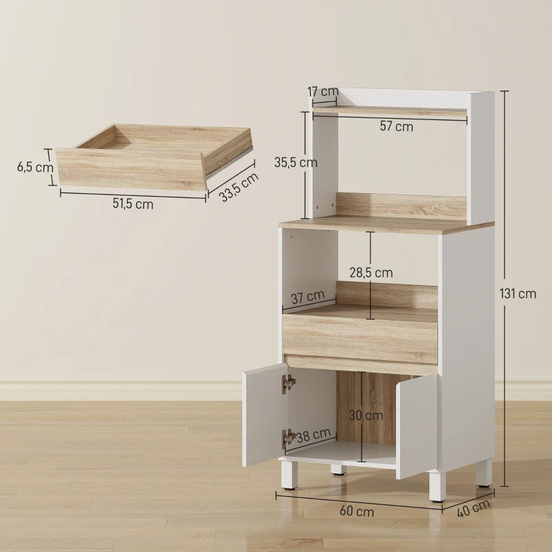 HOMCOM Meuble micro onde, buffet cuisine avec placard tiroir étagère supérieur, 60 x 40 x 131 cm chêne et blanc
