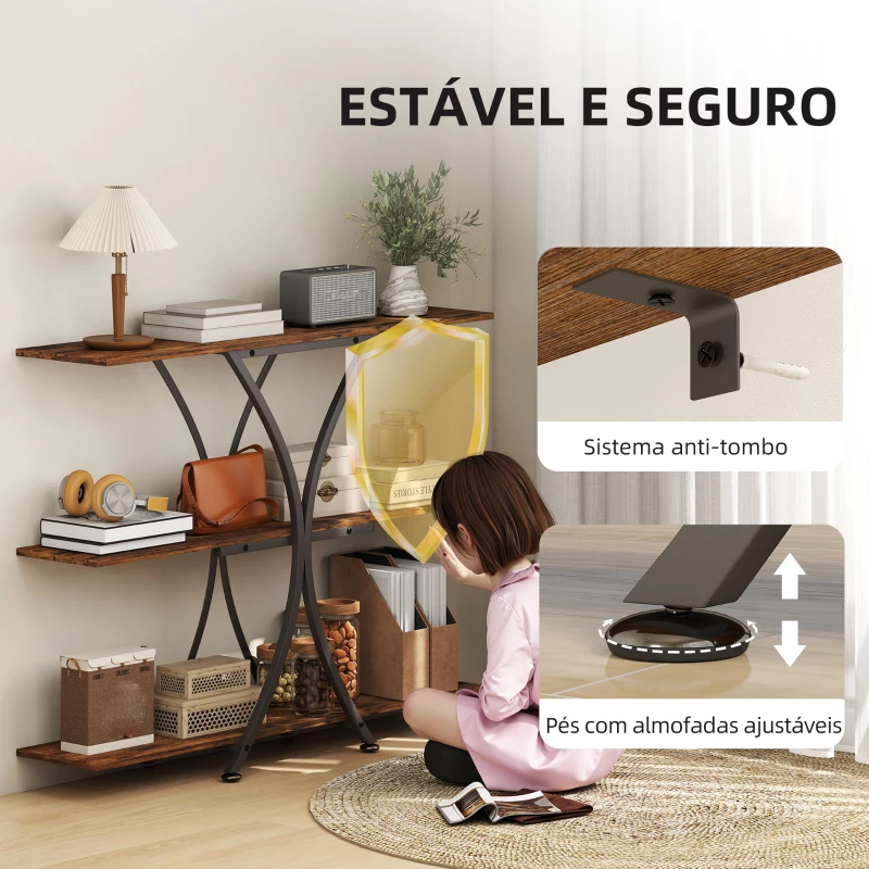 HOMCOM Mesa Consola de 3 Níveis Estilo Industrial com 2 Prateleiras Abertas e Estrutura Metálica em X Consola Estreita 110x30x91 cm Castanho Rústico