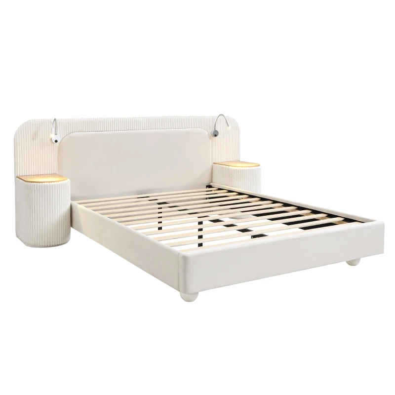 Upholstered 4ft6 Double Bed with Built‑in Bedside Reading Light, Matching Bedside Table, Sleeper for Living Room, 205L x 91W x 200.5H cm, Beige