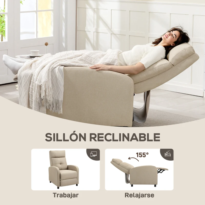 HOMCOM Sillón Relax Reclinable Manual hasta 155º Apertura Push con Reposapiés Respaldo Alto Acolchado Grueso Beige