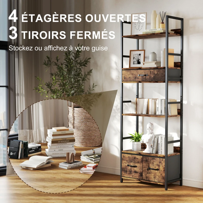 HOMCOM Bibliothèque étagère de rangement à 6 niveaux avec 4 étagères, 3 tiroirs en tissu, 60x30x176cm, brun rustique