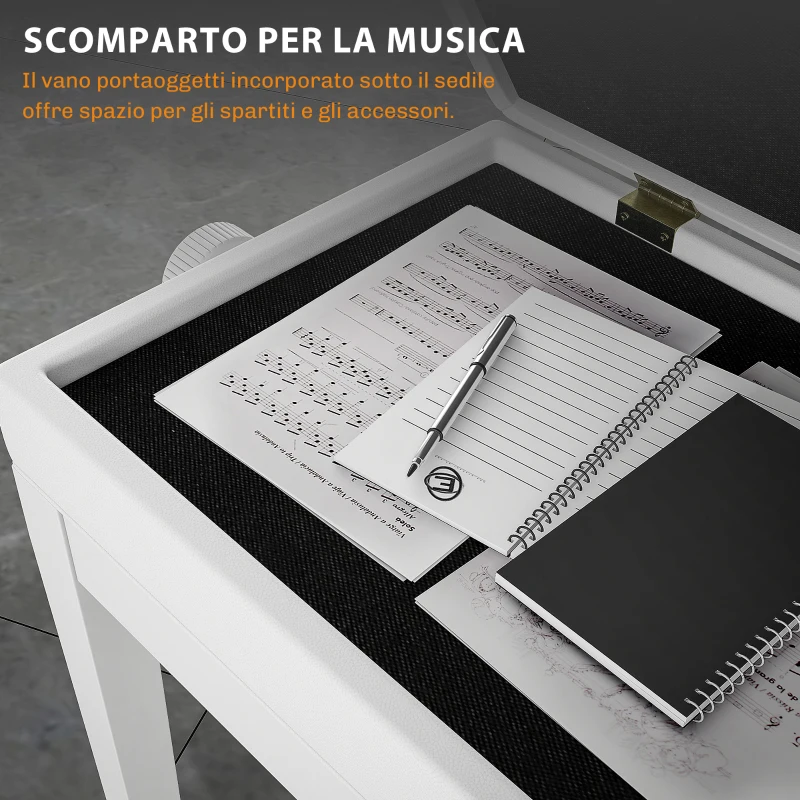 HOMCOM Sgabello Pianoforte Regolabile con Vano Portaoggetti e Seduta Imbottita, 54.5x33x48-58 cm, Bianco